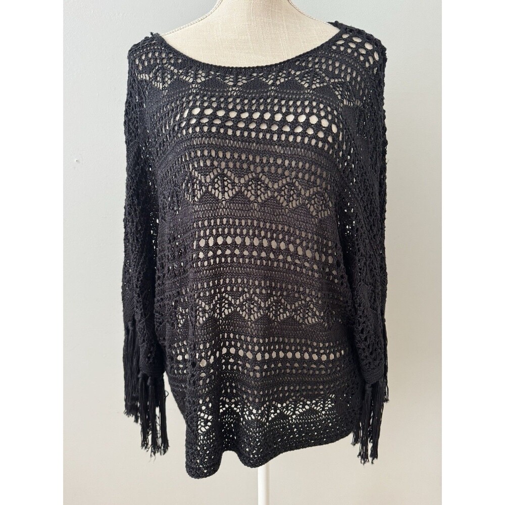 Lauren Ralph Lauren Loose Knit Black Crochet Fringe Sweater Women's Size L/XL